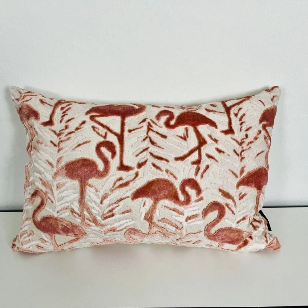 SOHO STUDIO Cut Velvet Flamingo Pattern Decorative Pillow Cotton 17" x 25"